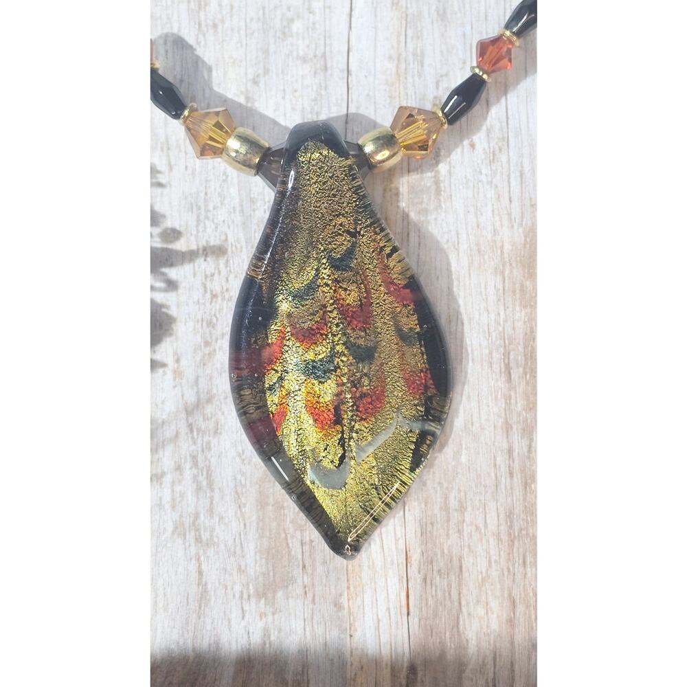 Leaf Drop Artisan Glass Pendant Necklace Earth Tone Beaded Chain Murano Style